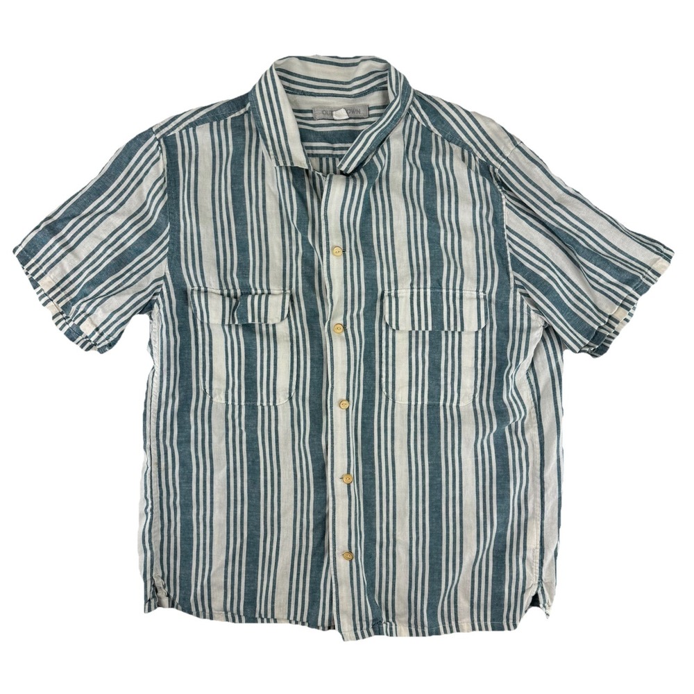 Outerknown Hemp Blend Short‎ Sleeve Button Up Shirt Mens Medium Green Striped